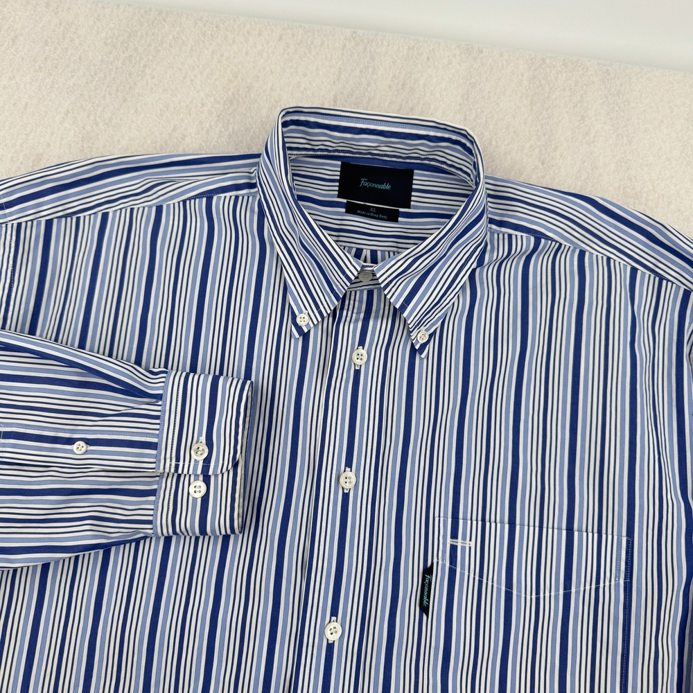 Faconnable Mens XL Blue White Striped Long Sleeve Button Down Shirt Classic Fit